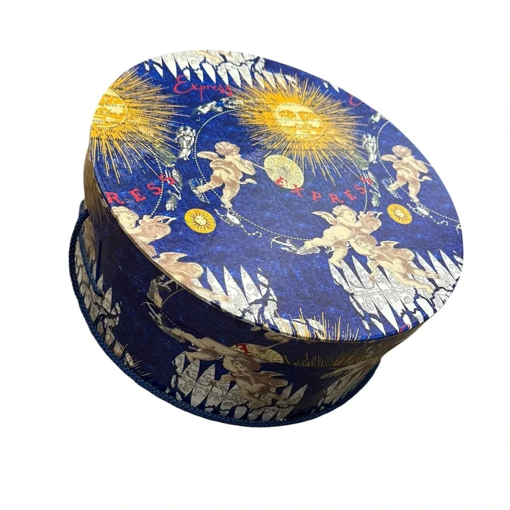 Vintage 90s Celestial Round Hat‎ Box Cherub Zodiac Sun Moon Decorative Storage